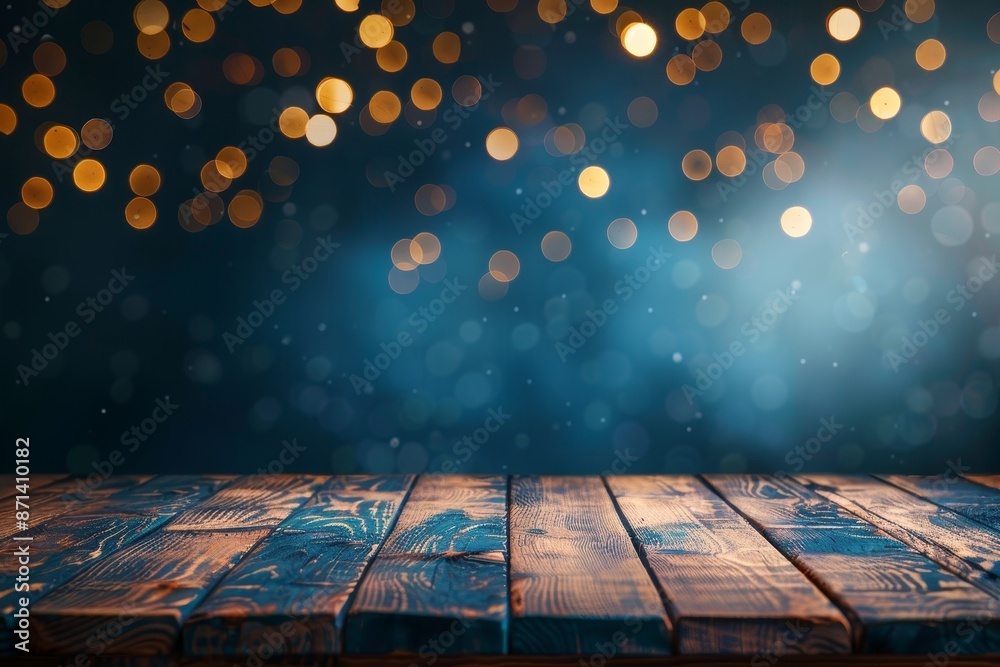 Poster empty brown wooden floor or wood board table with blurred abstract night light bokeh background, copy space for display of product or object presentation