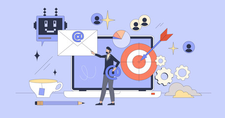 Automated email marketing solution tools tiny person neubrutalism concept. Effective and targeted mail sending automation to reach customers with promotions and commercials vector illustration.