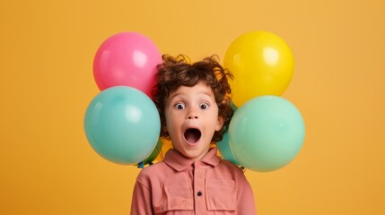 Obraz premium Children are excited surrounded by colorful transparent balls and yellow background. 