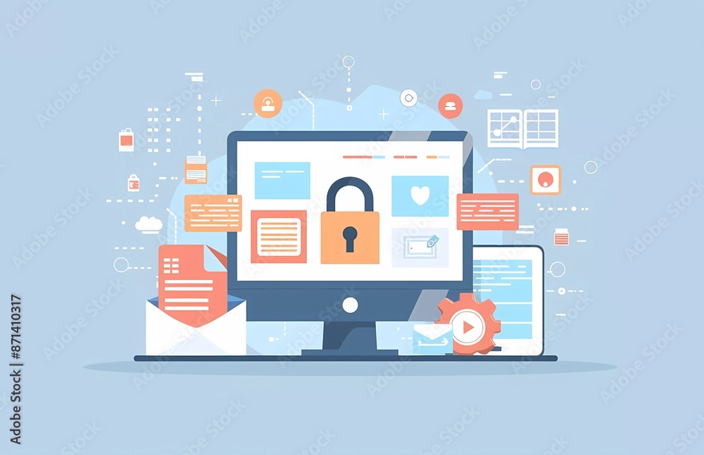 Fototapete Flat vector illustration of digital security, showing a computer screen with padlock and file icons on a light blue background in the style of online website web graphic design banner.