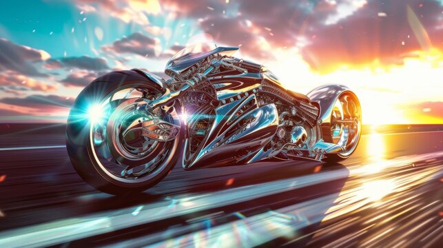 18061525 124 124. Futuristic Motorcycle, high contrast, art deco, symmetry, wide angle, vibrant colors, lens flare, --ar 16:9 Job ID: 838259c2-01d2-4859-9079-013e6f63a711