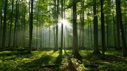 Obraz premium Sunlight filtering through a peaceful forest, sunlit forest, serene nature