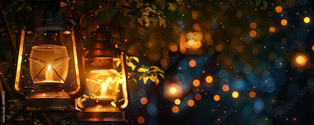 Aufkleber vintage lanterns glowing warmly amidst blurred bokeh lights, creating a dreamy and nostalgic ambianc