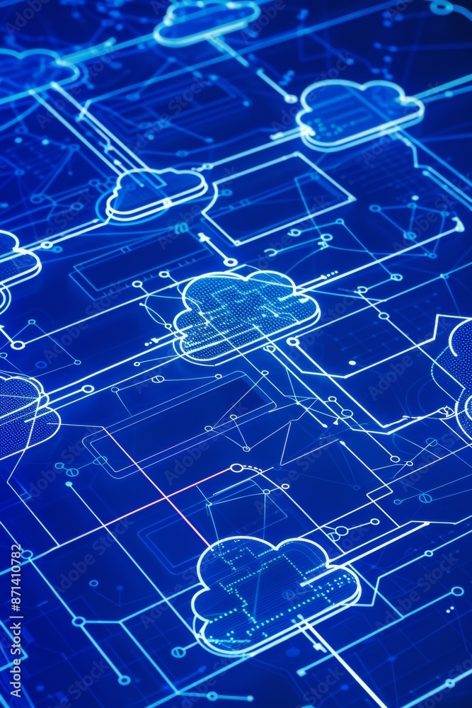 Poster blueprint-style flowchart representing cloud data migration, servers, storage, and network component