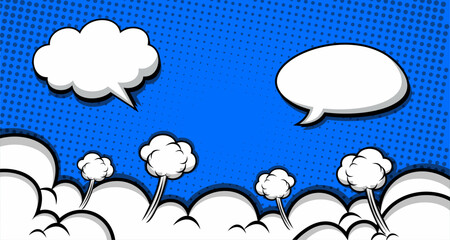 Retro empty comic bubbles and elements set with colorful halftone 