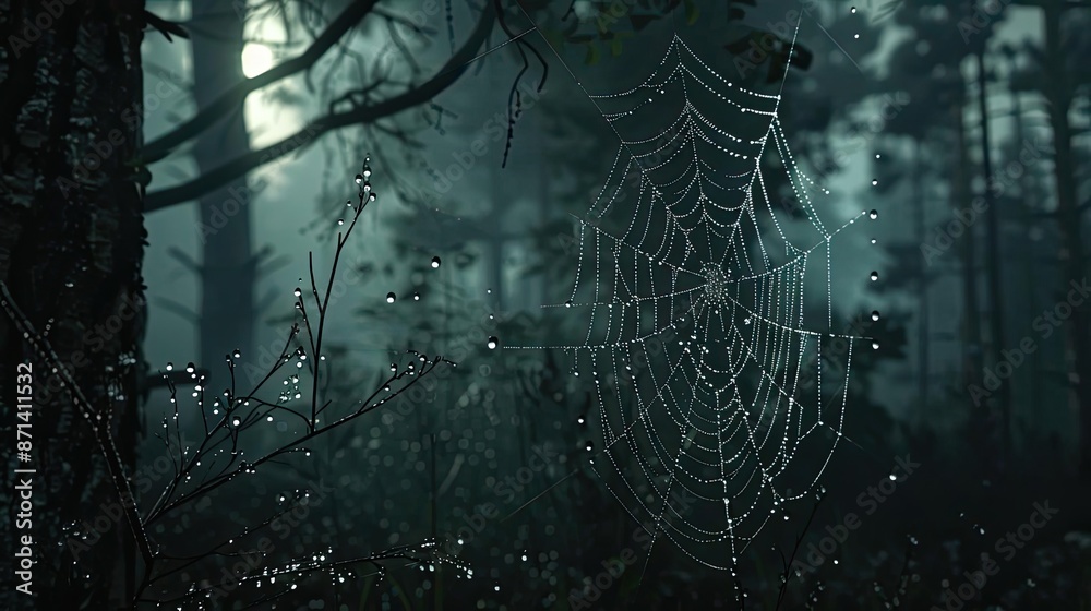 Aufkleber mysterious forest spider web with dewdrops creating a serene, ethereal atmosphere in the dark, misty