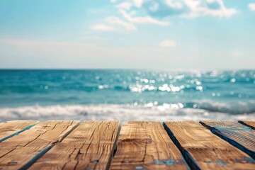 Fototapeta premium Wooden table on the background of the sea, island and the blue sky. 