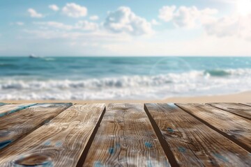 Fototapeta premium Wooden table on the background of the sea, island and the blue sky. 