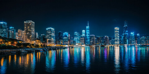 Naklejka premium A vibrant city skyline with numerous skyscrapers glowing with light at night, reflecting off the calm water below