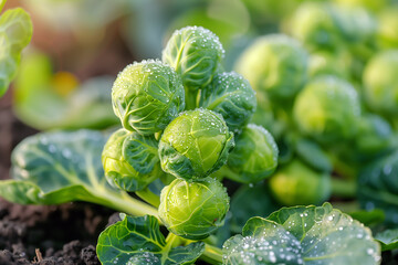 Fresh and young brussels sprouts with water droplets in farm. Generative AI