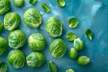 Top view of Brussels sprouts on teal color concrete table. Generative AI