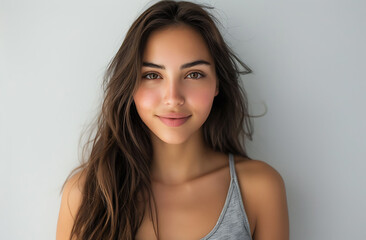 Fototapeta premium Beautiful woman long hair delicate facial feature makeup wearing gray tank top smiling camera against white background halflength closeup studio portrait shot professional lighting color grading high