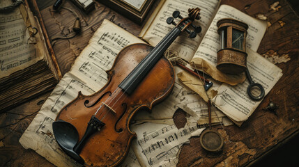 An antique violin placed on a wooden table surrounded by aged sheet music and vintage artifacts, evoking a sense of history and nostalgia.