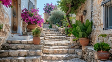 A narrow street with a stone wall and a row of potted plants