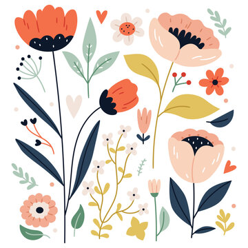 Fototapeta A set of flowers in the Scandinavian style.Flower collection with leaves, floral bouquets.Folk style.