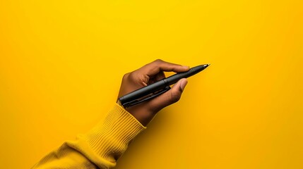 Left-handed man holding pen on yellow background, closeup, empty space, international lefthanded day