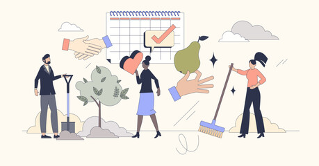 Volunteering and community charity work tiny person neubrutalism concept. Scheduled and planned company project to rise awareness about ecology, environment and people in need vector illustration.