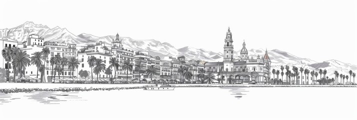 Malaga, tourist attractions, travel in Spain. Horizontal banner, free space for text, black and white illustration. Postcard from Malaga. Costa del Sol, Andalusia, Spain. Tourism concept. Malaga Day