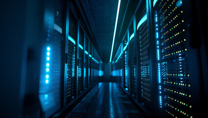 Fototapeta premium Dark data center row of glowing server cabinet representing power technology behind cloud service scene illuminated blue LED light highlight detail each cabinet creating atmosphere reminiscent of