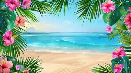 Tropical Oasis Party Backdrop with Palm Leaves, Hibiscus Flowers, and Beach Setting for Summer Celebrations and Birthdays