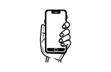 Black Hand hold mobile phone icon isolated on white background.