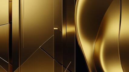 Luxurious gold metallic abstract background with sleek geometric shapes and reflective surfaces. Elegant design for high-end branding, tech, or luxury product imagery.