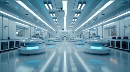 Obraz premium Modern industrial factory technology, photorealistic clean room, advanced business machinery, medical science research facility.