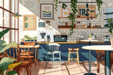 Obraz premium a charming coffee shop with mix-and-match furniture and the hum of coffee machines, where customers relax with their favorite brews, Generative AI