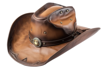 Elegant brown rodeo horse rider cowboy hat with leather band cut out, isolated, transparent background - PNG. Retro classic style western headwear.