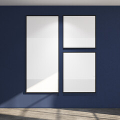 3d render of minimal frames mock up black. hanging on the blue wall. Gray cement floor and white ceiling. Set 6