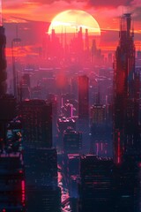 Fototapeta premium A futuristic city bathed in the warm tones of a sunset.