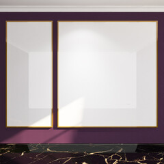 3d render of minimal frames mock up gold. hanging on the red maroon wall. Black  marble floor and white ceiling. Set 11