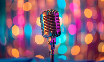 A rainbow-colored microphone on the table