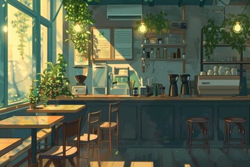 a cozy coffee shop with wooden tables, soft cushions, and the smell of freshly brewed coffee. Cozy vibe, Generative AI 