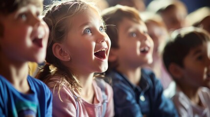 Fototapeta premium A group of children filled with wonder and joy as they watch a performance, captured in sharp focus clarity at UHD 4K