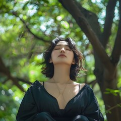 Fototapeta premium Asian Hallyu Woman Refreshing and Stretching in Park with Modern Costume and Neo Pop Aesthetic