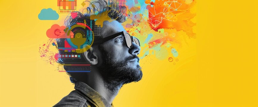 The image shows a man with glasses looking thoughtfully to the right. His head is surrounded by a colorful cloud of abstract shapes and symbols. The yellow background brings out the man's determined
