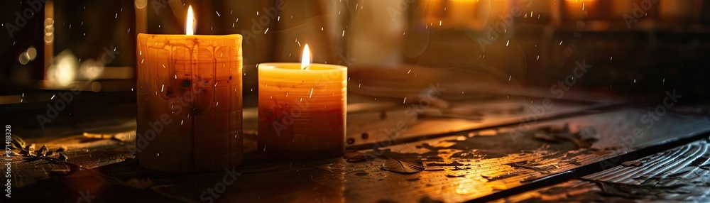 Poster warm candlelight casting a cozy glow in a dimly lit room, creating a serene and peaceful atmosphere 