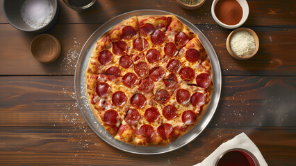 pizza salami pepperoni cheese top view on the cozy wood table.