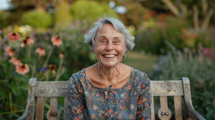 Senior woman expressing heartwarming surprise on wooden bench in lush garden