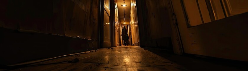 Low angle view of a dark, narrow hallway with dim lighting, creating a mysterious and eerie atmosphere.