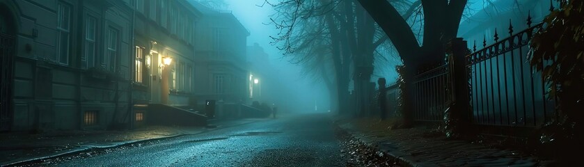 A foggy, mysterious rainy street at night with illuminated lamps, trees, and a vintage ambiance. Perfect for eerie, gothic, or dramatic themes.