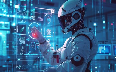Advanced robot using futuristic touchscreen interface in high-tech laboratory