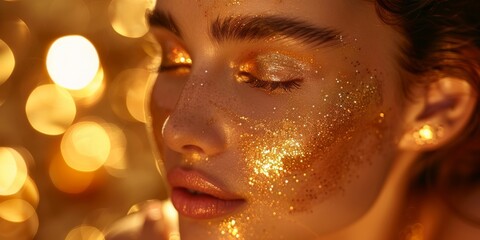 Close-up of woman's face adorned with golden glitter in warm light