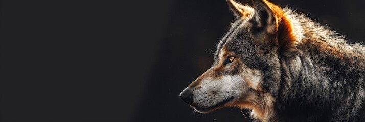 International Wolf Day. Horizontal banner. Wolf head on a black background. Free space for text. Wildlife conservation concept. Environmental protection, animal protection