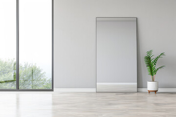 Obraz premium Luxurious empty room interiors with a window providing natural light, a mirror on the wall and minimal furniture. Luxury residential real estate composition in neutral colors.