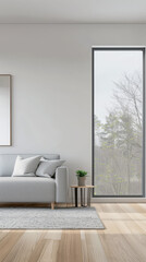 Luxurious empty room interiors with a window providing natural light, a mirror on the wall and minimal furniture. Luxury residential real estate composition in neutral colors.