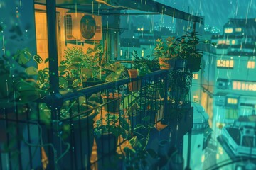 a rooftop garden with potted plants and rainwater glistening on leaves, offering a serene escape from the city hustle. Cozy vibe, Generative AI 