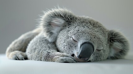 A close-up of a cute koala sleeping peacefully on a soft surface. The fluffy fur and relaxed expression make it an adorable moment.