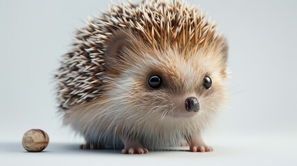 Obraz premium Adorable baby hedgehog with bright eyes and spiky fur, sitting next to a small walnut, isolated on a white background.